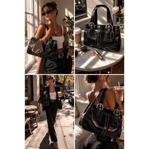 Vintage Coach Black Leather Soho Buckle Tote Y2K Era Silver Hardware